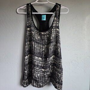 h.i.p. Black and White Lined Checker Pattern Silky Tank Top, L